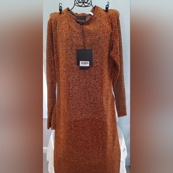 Cynthia Rowley Glitter Tease Shimmering Metallic Bronze Long Sleeve Maxi Dress - Picture 2 of 11